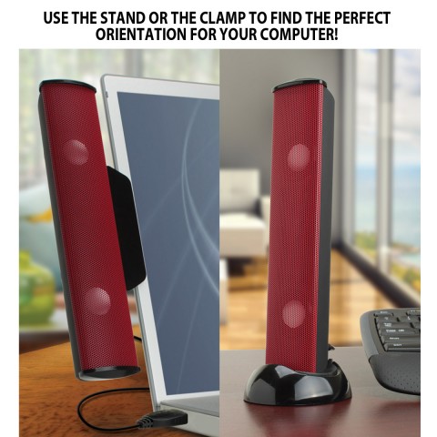 USB Laptop Speaker Bar with 2 High Excursion Drivers & Clip-On Design - Red
