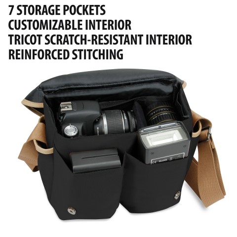 DSLR Camera Messenger Bag for DSLR w/ Seven Accessory Pockets & Adjustable Strap - Black