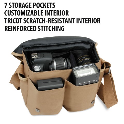 GOgroove DSLR Messenger Style Camera Bag with Seven Accessory Pockets and Adjustable Strap - Tan
