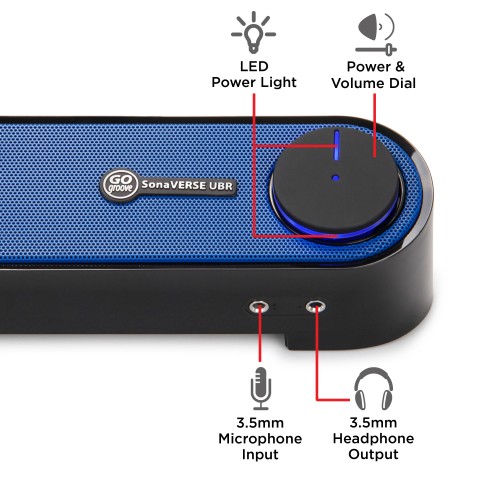 Computer Sound Bar Speaker (Blue) with Easy Access Headphone & Mic Jacks - Black