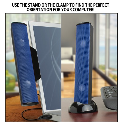 USB Laptop Computer Speaker with Clip-On Portable Soundbar Design - Blue