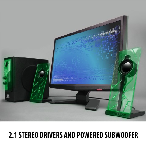 Glowing Green LED Computer Speaker Sound System with Dual Drivers - Green