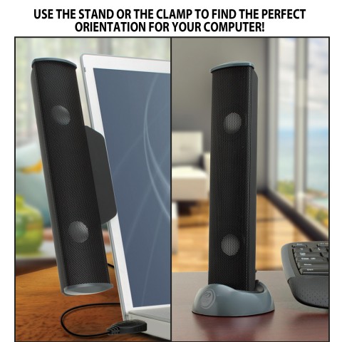 USB Laptop Computer Speaker with Clip-On Portable Soundbar Design - Black